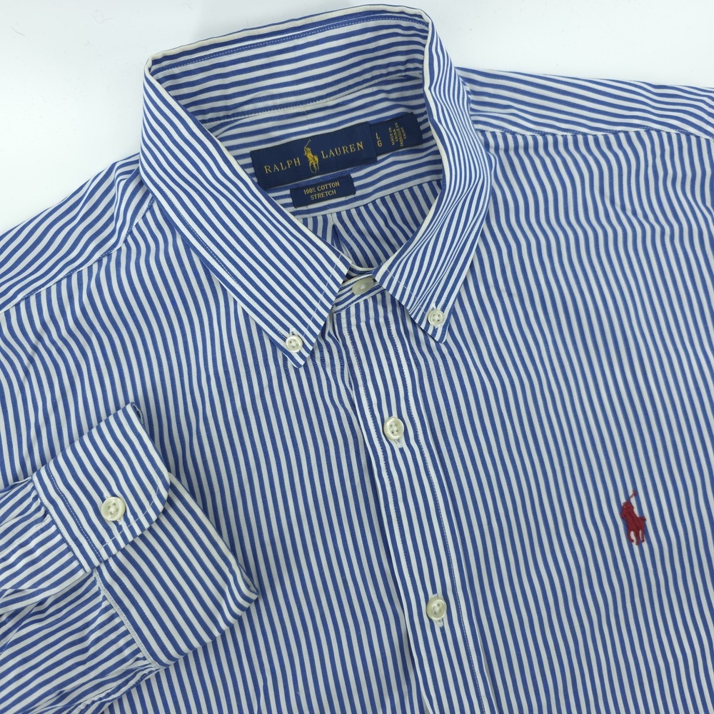 Ralph Lauren Shirt Mens Large Cotton Stretch Striped Button Up‎ Red Pony